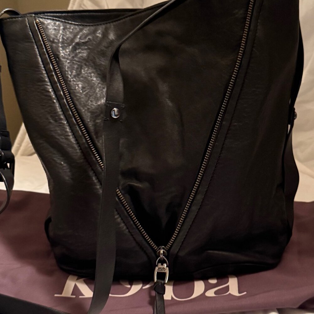 Kooba Black Leather Shoulder Purse with Zip decoration